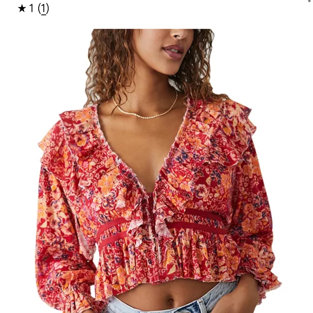 BNWT Free People Rudi Ruffle Top in Cherry Combo